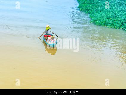 Ein Boot mit landwirtschaftlichen Produkten, das am Morgen entlang des Mekong gehandelt wurde. Dies ist eine Form von Geschäft und Kultur im Mekong Delta Vietnam Stockfoto