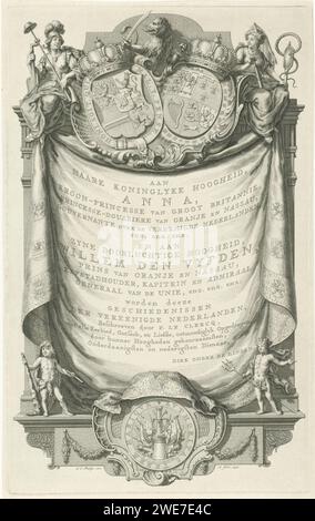 Zierrahmen mit den Wappen von Anna van Hannover und Willem V, Jan Caspar Philips, 1752 Druck Zierrahmen mit einer Leinwand, auf der der Titel in Niederländisch ist. Der Rahmen wurde mit den Wappen von Anna van Hannover, Prinzessin von Oranje-Nassau, ihrem Sohn Willem V., Prinz von Oranje-Nassau und dem niederländischen Löwen ausgezeichnet. Zu den Ecken der Freiheit (libertas) und Vorsicht (Prudentia). Am Fuße eines Herkules und Neptun, als Kinder. Amsterdamer Papierstich Prudence, 'Prudentia'; 'Prudenza' (Ripa)  eine der vier Kardinaltugenden. Freiheit, Freiheit; „Libertà“ (Ripa). Symbole für bestimmte Stockfoto