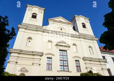 Barocke Kirchenfassade mit dominanten Türmen unter einem intensiv blauen Himmel, römisch-katholische Kirche des hl. Franz Xavier, Skalica, Skalica, Trnavsky Stockfoto