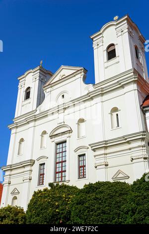 Barocke Kirche mit weißer Fassade und zwei Türmen vor einem klaren blauen Himmel, römisch-katholische Kirche des hl. Franz Xavier, Skalica, Skalica, Trnavsky Stockfoto