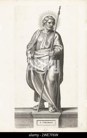 St. Thomas, Petrus Clouwet, nach Peter Paul Rubens, 1639–1670 Druck der Druck zeigt den heiligen Thomas. Eine Rakete in seiner linken Hand. Ein Buch in seiner rechten Hand. Die Serie besteht aus Druckgrafiken, die auf Gemälden von Peter Paul Rubens basieren. Antwerpener Papier mit dem Stich des Apostels Thomas; mögliche Attribute: Buch, Kelch, Gürtel, Herz, lanze oder Speer, Scroll, Quadrat, Steine Stockfoto