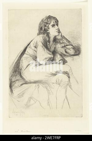 Portret van Thomas Haden von Derby, Francis Seymour-Haden (Sir), nach Joseph Wright von Derby, 1864 Druck Portrait of Thomas Haden oder Derby in einem jungen Alter, sitzend mit überkreuzten Beinen und lehnte den Kopf auf seine Hand. England Papierätzung/Trockenpunkt Stockfoto