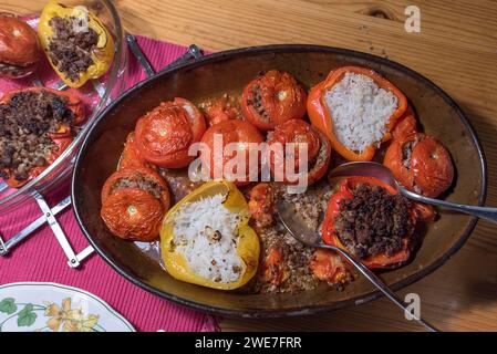 Gefüllte Tomaten und Paprika mit Reis und Hackfleisch in einem Auflauf auf dem Tisch, Bayern, Deutschland Stockfoto