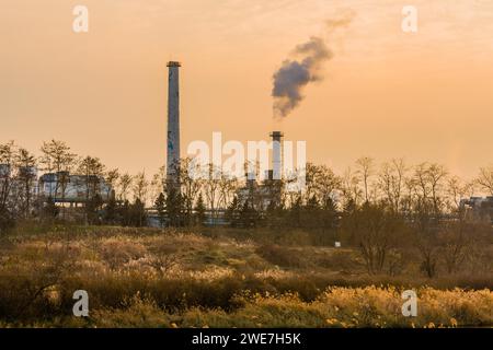 Große Rauchsäule aus hohem weißen Schornstein in der ländlichen Gemeinde Südkoreas Stockfoto