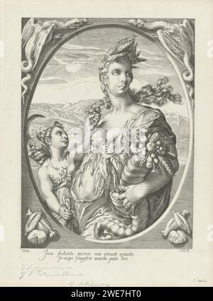 Ceres a Proserpina, Jan Frederik Christiaan Reckleben, nach Jan Saenredam, nach Hendrick Goltzius, 1841 Druck Ceres, Göttin der Landwirtschaft, als Verkörperung des Überflusses der Erde. Sie ist mit einer Krone aus Ecken geschmückt und hat das Horn des Überflusses im Arm und eine Sichel in der Hand. Neben ihr steht ihre Tochter Proserpina. Zwei Drachen und landwirtschaftliche Produkte sind in den Ecken des Rahmens zu sehen. Druckerei: Amsterdamafter Design von: Haarlem Paper. Gravur (Geschichte) Ceres (Demeter). "Cornucopia", Horn des Überflusses Stockfoto