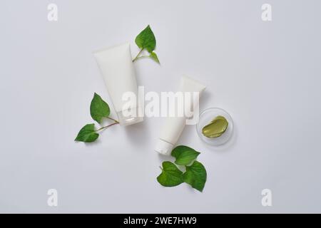 Zwei Röhrchen mit grünen Abstrichen von Creme-Textur auf dem kleinen Podium. Leeres Etikett für kosmetisches Produkt, das aus Fischminze extrahiert wurde (Houttuynia c Stockfoto