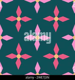 Hand gezeichnetes nahtloses Muster mit rosafarbenen skandinavischen Blumen auf smaragdgrünem Hintergrund. Moderner Blumendruck im Retro-Vintage-Stil der Mitte des Jahrhunderts, nordische Kunst mit Sonnenblumen in Blau, schlichte geometrische Minimalistik Stockfoto