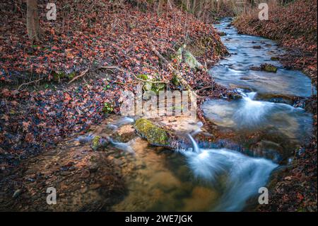 Lange Exposition des Flusses Leutra im Bezirk Jena West, der im Spätherbst durch einen kleinen Park fließt, Jena, Thüringen, Deutschland Stockfoto