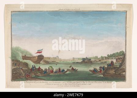 Blick auf den Invalidenhafen in Paris mit dem Ende der Pariser Fegat am 18. Februar 1761, Jacques Gabriel Huquier, 1761–1805 drucken das Schiff wird ohne Masten gestartet. Es gibt mehrere Boote mit Zuschauern auf dem Wasser. Verlag: Parisprint Maker: France Paper. Aquarellfarbe (Farbe) Ätzen/Pinselhafen. Schiffe (im Allgemeinen). Ruderboot, Kanu usw. Brücke in der Stadt über Fluss, Kanal usw. (+ Stadt(-Landschaft) mit Zahlen, Personal) Paris. Seine. Ungültiger Port Stockfoto