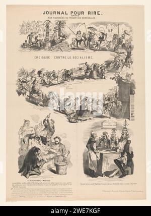 Cartoon über den Kampf gegen den Sozialismus, Anonym, Francois Desterbecq, in oder vor 1849 drucken Eine Zickzackprozession von Figuren wie Kreuzzug gegen den Sozialismus in Frankreich, um 1848–1849. Links unten versuchen vier Männer, einen Patienten mit der schrecklichen „Sozialismus-Krankheit“ zu behandeln. Rechts von rechts stehen Personifizierungen Preußens, Österreichs und Russlands am Tisch und bitten Josef Radetsky von Radetz, der Französischen Republik zu dienen. Brüsseler Beitrag politische Theorie, politische Ideologie. Heilung kranker Menschen Stockfoto