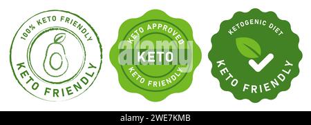 Keto Friendly Food ketogene Diät Emblem Aufkleber Siegel Set Verpackung rund Stempel grün Farbe Stock Vektor