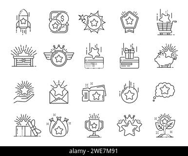 Profitieren Sie von speziellen Bonus-, Preis- und Prämiensymbolen oder Treueschenken, Vektorlinien-Symbolen. Geldbonus, Prämienvorteile und Incentive-Symbole wie Stern und Münze, Kreditkarte und Prämiencoupon mit Sparkasse Stock Vektor