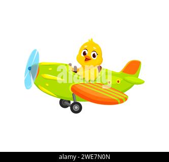 Zeichentrickfilm Baby Chick Tierfigur im Flugzeug. Tierkind Flugzeugpilot. Vereinzelte Vektorküken schweben fröhlich durch den Himmel in einem niedlichen, skurrilen Flugzeug, mit fröhlichen Zwitschern in der Luft Stock Vektor