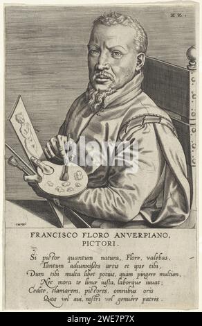 Porträt des Malers Frans Floris (I), Johannes Wierix, 1572 Druck Porträt des Malers Frans Floris (I). In der Hand hält er eine Malpalette und eine Zeichnung. Am Rand eine sechszeilige Beschriftung in lateinischer Sprache. Antwerpener Papierstich Porträt, Selbstporträt des Malers. Palette Stockfoto