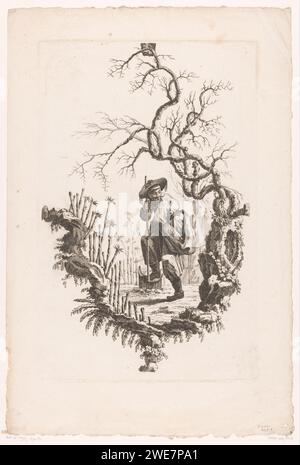 Mann traf Schep, Pierre Charles Canot, nach Jean Baptiste Pilitment, 1759 Druck Ein Chinese steckt eine Schaufel in den Boden. Um die Show herum ein Rahmen aus Bäumen und Pflanzen. Herausgeber: Londonpublisher: Paris Paper Etching Standfigur. Landwirtschaftliche Geräte: Spaten Stockfoto