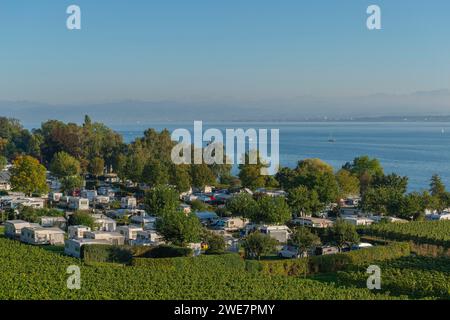 Campingplatz, Wohnwagen, blauer Himmel, Weinberge, Hagnau am Bodensee, Baden-Württemberg, Deutschland Stockfoto