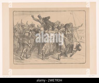 Zivilisten, die von Soldaten getrieben werden, André Devambez, nach Théophile Alexandre Steinlen, 1914–1920 Druckszene aus dem Ersten Weltkrieg. Papiersoldat (+ Waffen). Schrecken des Krieges (+ Infanterie) Stockfoto