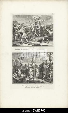 Etablierung des Kreuzes und der drei Kreuze, Simon Fokke, 1791 drucken zwei biblische Darbietungen von Joh. 19. Und 15. März. Unten nummeriert: 36. Amsterdamer Papierätzung des Kreuzes, an das Christus bereits genagelt ist. Christus ist an das aufgestellte Kreuz - DD - drei Kreuze genagelt Stockfoto