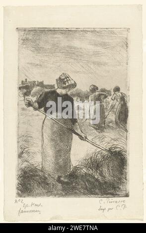 Drei Frauen Haying, Camille Jacob Pissarro, 1890 drucken drei Frauen, eine vorne und zwei hinten, sind auf einem Feld und arbeiten mit einer Heugabel, um das Heu zu sammeln. Frankreich Papierätzung/Trockenspitzen-Landwirte - AA - Landwirtin, Frau des Landwirts. Heu-Stapel Stockfoto