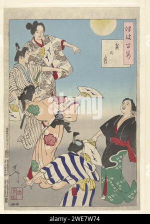 De Maan Van Het Bon Festival, TSUKIOKA YOSHITOSHI, 1887 Printttanzer Männer und Frauen bei Vollmond, während des Bön Festivals im Sommer. Printmacher: Japaner Verlag: Tokio Papier Farbe Holzschnitt Tanz. Lüfter Stockfoto