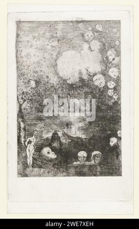 Droom, Odilon Redon, 1878 - 1882 drucken Eine Vision einer Landschaft mit Gesichtern, die als Ballons in der Luft schweben, einer Reihe von Köpfen und einer stehenden Figur auf dem Boden. Frankreich Papierätzung / Trockenpunkt Vision Stockfoto