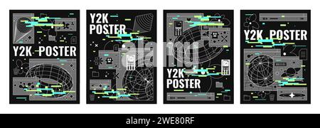 Trendige Poster-Designvorlage im y2k-Stil mit abstrakten geometrischen Gitterformen und Hintergrund mit Glitcheffekt. Vektorset mit ästhetischen Hüllen der 00er Jahre mit Drahtmodellformen, Objekten und Aufklebern auf Schwarz. Stock Vektor