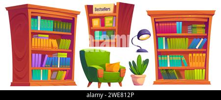 Bibliotheksmöbel isoliert auf weißem Hintergrund. Vektor-Zeichentrickillustration von hölzernen Bücherregalen, Büchern auf Regalen, gemütlicher Sessel mit Kissen, Lampe, Blumentopf, Lesehobby, Büroelemente Stock Vektor