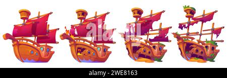 Wrack Holzschiff Animation Set isoliert auf weißem Hintergrund. Vektor-Zeichentrickillustration des alten Segelbootes mit gerissenen scharlachroten Segeln, gebrochenem Boden, Brett bedeckt mit Algen, Schiffswrack Sprite Blatt Stock Vektor