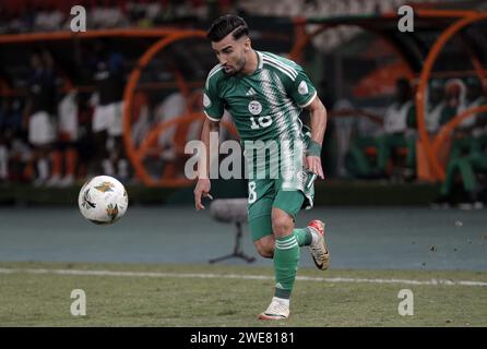 © Anis/APP/MAXPPP - L'Algerien MOHAMMED EL AMINE AMOURA, lors du Match de Football du groupe D de la Coupe d'Afrique des Nations (CAN) 2024 entre l'Algerie et la Mauritanie au Stade de la Paix à Bouake en Cote d'ivoire le 23 janvier 2024 Elfenbeinküste ; 23/23.2024; afrikanischer Pokal der Nationen. Algerien - Mauretanien Credit: MAXPPP/Alamy Live News Stockfoto