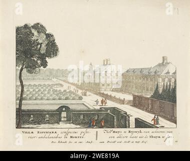 Rückseite des Huis ter Nieuburch in Rijswijk mit Wanderern, Pieter Schenk (I), 1697 Druck Ansicht schräg auf der Rückseite des Huis ter Nieuburch in Rijswijk. Amsterdam Papierätzhaus Ter Nieuburch Stockfoto