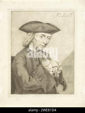 Porträt von Hendrik Spilman, Pieter Louw, 1743–1800 drucken der Druckmacher, Zeichner und Maler Hendrik Spilman. Er lässt seine Hände übereinander falten und auf seinem Gehstock ruhen. Amsterdamer Papierporträt, Selbstporträt des Künstlers. Kopfbedeckung: Hut (+ Herrenkleidung) Stockfoto