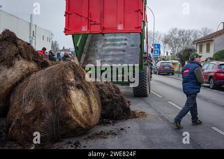 Poitiers, Frankreich. Januar 2024. © PHOTOPQR/LA NOUVELLE REPUBLIQUE/Mathieu Herduin ; POITIERS ; 23/01/2024 ; des agriculteurs versent du fumier devant l'hypermarché Leclerc de Poitiers le 23 janvier 2024. POITIERS; 23.01.2024; Demonstration der Landwirte gegen zu viele französische und europäische Standards und um mehr Einkommen zu fordern. Die Bauern gießen am 23. Januar 2024 vor dem Leclerc-Supermarkt in Poitiers Gülle aus. Credit: MAXPPP/Alamy Live News Stockfoto