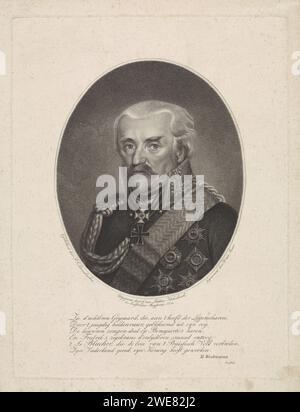 PortraT van Gebhard Leberecht von Blücher, Willem van Senus, nach P.J. Lützenkirchen, 1815 - 1851 Print Portrait des preußischen Generals Gebhard Leberecht von Blücher. Er führte seine Armee gegen Napoleon Bonaparte in der Schlacht von Waterloo 1815 an. Amsterdamer Papierätzung/Gravur Stockfoto