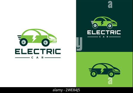 Schnelles elektrisches Auto grünes Hybrid modernes Fahrzeug, umweltfreundliches Fahrzeugkonzept, Vektor-Illustration, Symbol, Symbol mit weißem, grünem und dunkelgrünem Hintergrund Stock Vektor