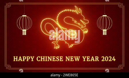 Drache mit Text und Laterne auf rotem Hintergrund Stockfoto