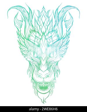 Vektor-Aquarellumriss Illustration eines tosenden Drachen isoliert vom Hintergrund. Fantasy Blue Clipart mit Tracery Wyvern für Sublimation, Aufkleber Stock Vektor