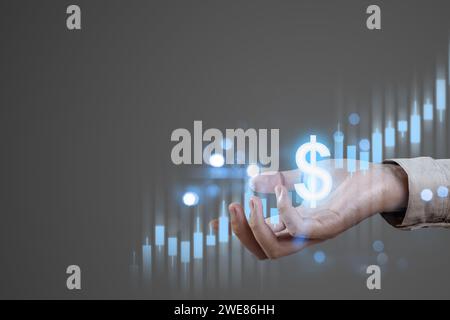 Ein Geschäftsmann zeigt ein virtuelles Dollarzeichen und eine Aktienkarte mit farbigem Hintergrund. Konzept der Finanzinvestitionen Stockfoto