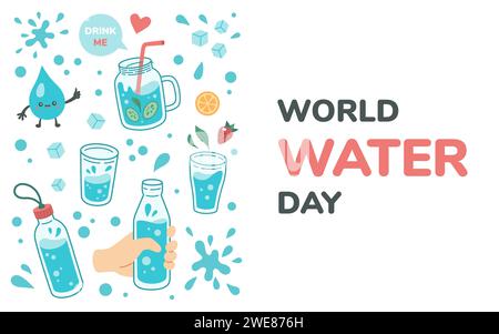 Banner zum Weltwassertag, Postkarte mit Wasser im Glas, Glas, Glasflasche und Text. Handgezeichnete Vektor-Illustration für internationalen Feiertag. Cartoon-Stil, flaches Design. Mehr Wasser trinken Konzept. Stock Vektor