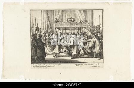 Wilhelm III. Leistet den Eid während der Krönung, 1689, Pieter Pickaert, 1689 Druck während der Krönungszeremonie, Willem III. Schwört auf die Bibel, Maria Kust de Bible, 21. April 1689. Teil der Serie „Engelants Schouwtoneel“ über die glorreiche Revolution 1688-1689 (zweiter Teil). Mit Untertiteln in Niederländisch und Französisch. Amsterdamer Papierätzung der Krönung eines Herrschers. Neuer Herrscher, der den Eid Westminster Abbey ablegt Stockfoto