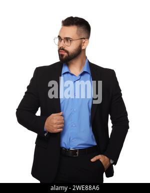 Porträt eines gutaussehenden Mannes in Brille auf weißem Hintergrund. Anwalt, Geschäftsmann, Buchhalter oder Manager Stockfoto