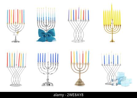 Hanukkah-Feier. Menorahs und Geschenkboxen isoliert auf weiß, Set Stockfoto