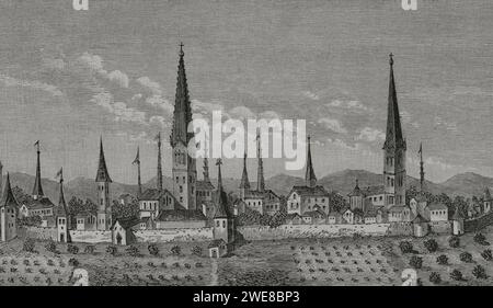 Dortmund, Deutschland. Blick auf die Stadt im 16. Jahrhundert. Nach Gravur in P. Bertius Theatrum Geographicum, 1618. "Moeurs, usages et Kostüumes au moyen-âge et à l'époque de la Renaissance" von Paul Lacroix. Paris, 1878. Stockfoto