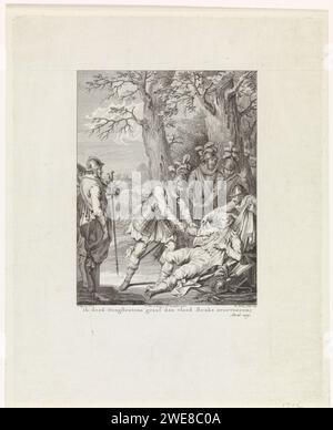 Tod des Grafen von Hoogstraten, 1568, Theodoor Koning, nachdem Jacobus kauft, 1779 gedruckt am 11. Dezember 1568 stirbt Anthony van Lalaing, Graf von Hoogstraten, inmitten von Soldaten, während seine Hand von Prinz Wilhelm I. gehalten wird Dieser Druck ist Teil einer Serie von 24 Drucken mit Szenen aus dem Leben von Prinz Wilhelm I., 1568-1584 und ist eine Illustration des dritten Gesangs. Amsterdamer Papierätzung Stockfoto