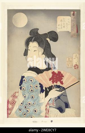 Geschikt, TSUKIOKA YOSHITOSHI, 1888 Druck Geisha aus der Koka-Zeit (1844–48), in Herrenbekleidung mit Muster von Pfau entspringt, mit offenem Fächer; bei Vollmond. Während des Niwaka Festivals war es üblich, dass Geisha sich um Comic-Auftritte im Yoshiwara kümmerte. Druckerei: Japanjapanischer Verlag: Tokio Papierfarbe Holzschnitt Kurtisane, Hetaera Stockfoto