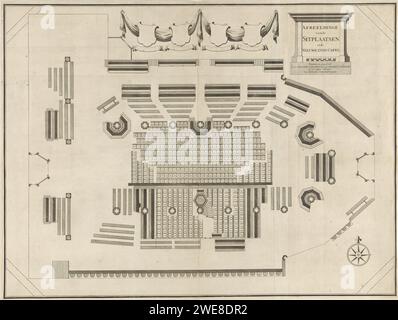 Karte der Nieuwezijds-Kapelle auf dem Rokin, Daniël Stopendaal, nach Johannes Leupenius, 1682 - 1726 drucken Karte der Nieuwezijds-Kapelle auf dem Rokin, auch bekannt als Heilige Stede. Alle Sitze sind nummeriert. In der Mitte über leeren Wappen. Amsterdamer Papier-Ätzplan  Architektur Nieuwezijds Kapelle Stockfoto