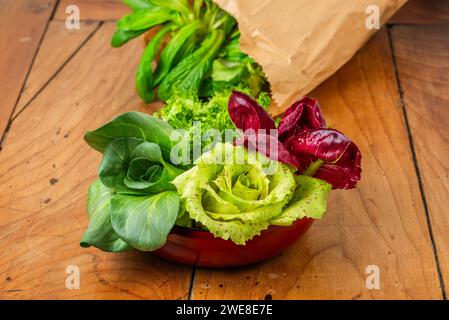 Vier Salate in einer Tasse auf einem antiken Holztisch: Grüner Grumolo-Zichorie, Radicchio aus Chioggia, Radicchio aus Castelfranco und Curly-Salat. Stockfoto