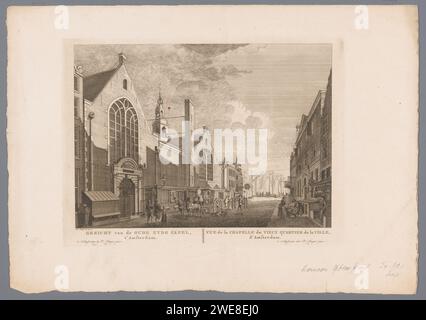 Blick auf die Sint-Olofskapel (Oudezijds Kapel) in Amsterdam, Hermanus Petrus Schouten (möglich), ca. 1770 - 1783 Druck Amsterdam Papierätzkirche (außen) - QQ - kleine Kirche, Kapelle. Straße (+ Stadt (-Landschaft) mit Figuren, Personal) Sint-Olofskapel. Oudezijds-Kapelle. Seedeich Stockfoto