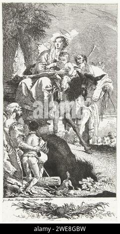 Heilige Familie während des Fluges nach Ägypten mit Kind, das Mann und Junge auf dem Weg ansieht, Giovanni Domenico Tiepolo, 1748 - 1752 Druckpapier, das Flug nach Ägypten und Wunder während der Reise graviert Stockfoto
