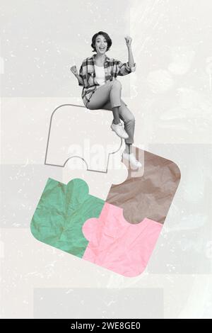 Vertikale Collage Bild Illustration monochromer Effekt aufgeregt glückliche positive junge Frau zusammengesetzt Puzzle ungewöhnliche weiße Hintergrund Stockfoto