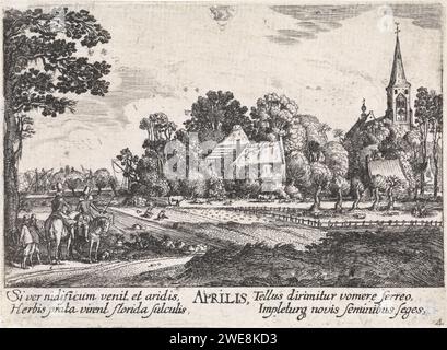 April, Anonym, nach Jan van de Velde (II), 1684 - 1729 Print Landschaft mit Ackerland, Wiese mit Kühen und umzäunte Wiese mit Schafen. Es wird gesät und gepflanzt. Im Vordergrund links zwei Fahrer und zwei rennende Herren auf einer Landstraße. Hinter einem Kirchturm hinter der Reihe von Bäumen und einem Haus; der Leprozenhuis bei Haarlem, der den Monat April repräsentiert. An der Spitze des Sterns, das zu diesem Monat gehört: Stier. Vierter Druck aus einer Serie von zwölf. Deutschland Papier, das April ätzt und seine "Arbeit". Landschaft symbolisiert April. Stier (Zodiakalzeichen April). Kultivierung  Stockfoto